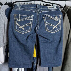 Y2K RockRevival-style embroidered denim capris for women